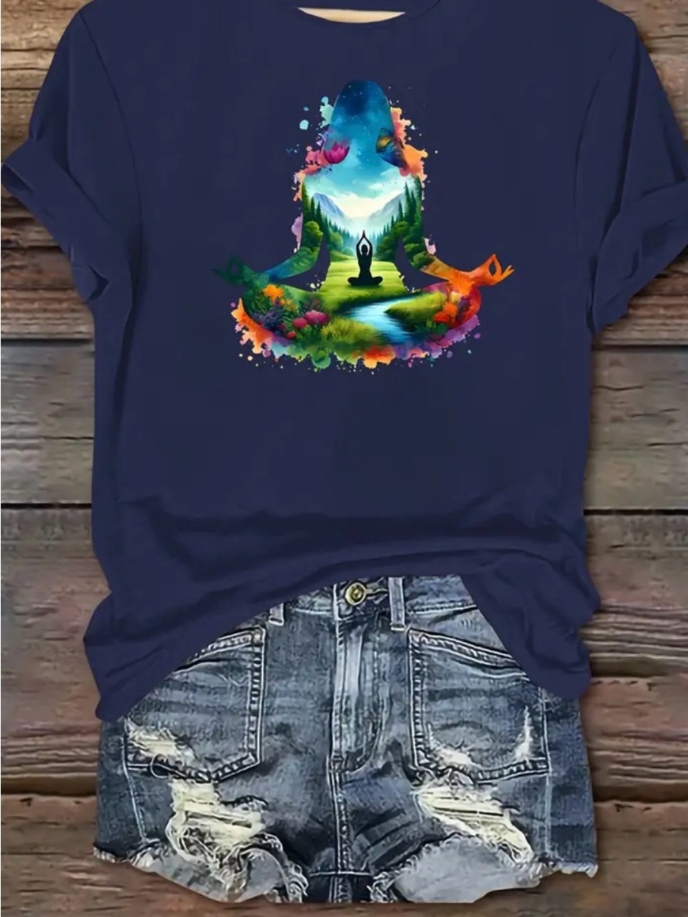 Navy blue short sleeve T-shirt with yogi in meditative pose 100% cotton - Picture 5 of 7